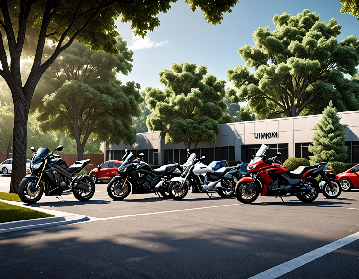 black motorcycle parke, cars parked in a parking lot with trees in the foreground,university parking, detailed rendering, a photorealistic rendering, realistic rendering, photorealistic rendering, realistic scene, photorealistic streetscape, cg rendering, rendered in lumion pro, realistic physical rendering, digital rendering, beautiful rendering, 3d rendering!, 3 d rendering!, hyper detailed scene, architectural rendering