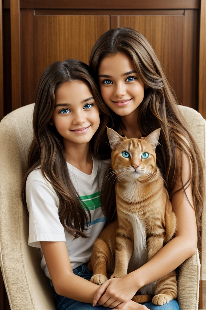 Create a photo in Disney Pixar mode of a boy sitting in an armchair with curly brown hair and light brown skin with brown eyes and next to him a girl sitting with long straight brown hair with light brown skin. with brown eyes the two hugs with two pets a cat with brown colored hair , white and orange and with green eyes and at the same time a small dog with white and black hair and blue eyes