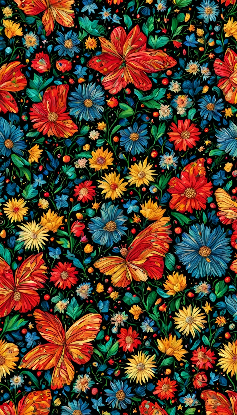 Seas of ((Colorful BUTERFLY, BEAUTIFUL FLORAL)) (ALOT OF SMALL STARS) In the ((((BLACK BACKGROUND)))) — ((GOLDEN stars)) colorful BERRIES, ((WHITE FLOWER)) jewels, ((COLORFUL butterfly)), ((GREEN LEAFY FLORA)), (strawberry), ROSE CHERRY ((COLORFUL SMALL GEM STONE JEWEL)) ((FIREFLY)|| (embroidery) seamless pattern, fruit, butterfly, diamond, pearls, Best quality, masterpiece, ultra high res, (photo realistic:1.4), surrealism, dream-like, ((abstract art)), vector arts,) (8k, RAW photo, best quality, masterpiece:1.2, Sharp image, vector) — a close up of a STAR pattern, STAR wallpaper, ornate STAR, STAR pattern, STAR explosion, STAR! intricate, STAR JEWELs colorful, chinoiserie pattern, VECTOR wallpaper, STAR renewal, with colorful JEWELs and plants, STAR dream, garden JEWELs pattern, STAR patterned skin, STAR design, STAR motives, boho STAR vines,