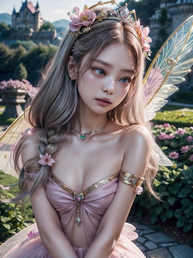 (masutepiece), Professional , masterpiece、top-quality、photos realistic , depth of fields (Gemstone Flower Metal Body:1.4),(Matte Silver Pink、Jewel Gold Weapon、(Gorgeous castle background)、(ultimate beauty girl)、(Flower rainbow fairy wings grow)、(Jewel Flower Metal Body:1.9),Gorgeous Jewel Metal Weapons , Detailed Sword of the Brave ,( a blond) ,warhammer 40k ,((Floral Micro Bikini))、Particles of light、(Beautiful flower garden background)、 adepta sororitas,Detail and ornate jewel crown、solo、Brown hair、(Gangle's forest background)、Beautiful Caucasian beauty、1a person、dynamic ungle,(((Diamond tiara with detail and luxury)))、a small face、Powerful poses、(Gorgeous castle background)、huge filesize、20 year old beautiful woman、Thin female fingers、Straight long hair、Beautiful Caucasian beauty、Valley、Fairy of Light、Particles of light、, fairy wings, angel wings, complex background, pastel theme, light pink hair, grey hair, light purple hair, blue hair, many accessories, many jewelleries, braided hair, demon girl, horns on face, blackpink jennie