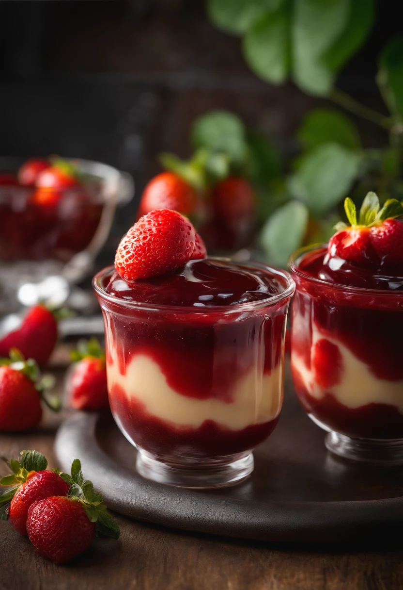 Pudding, delicioso Pudding, realisitic, 4K , professional foto, best photographer in the world, maximum perfection, Pudding com calda de morango, red syrup, Pudding 