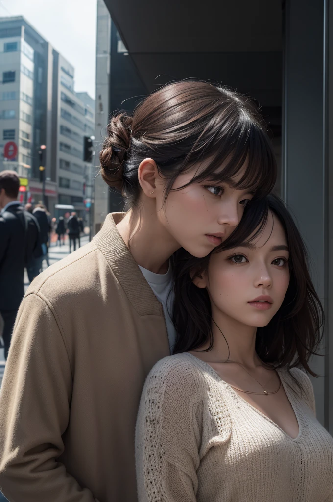 Lighting should be natural, reflecting a daytime scene in an urban environment. In front of a building, hundreds of people at the same height, between heads and shoulders, circulating in all directions,  coasts, side and front. 
The image must be photographic and realistic, with attention to the details and textures of the clothes, Hair & Accessories.