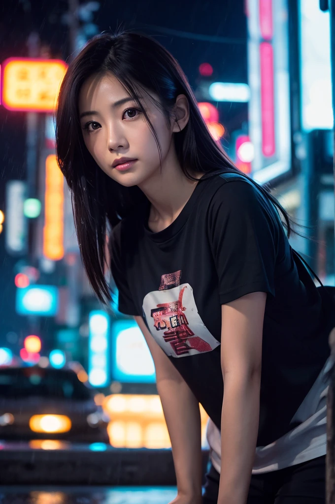 A beautiful Japanese female actress is staring at me, Tshirt, cinematic lighting, depth of field, in a cyberpunk city, rain is falling, twilight, stars in the sky, a photo, DSLR.