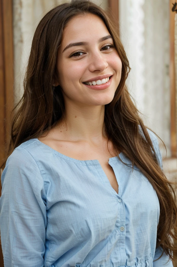 a photo-realistic portrait of a beautiful Palestinian woman with long brown hair, blue shirt, white teeth, and a cute smile, with highly detailed and realistic facial features, modest expression, and realistic white skin tone