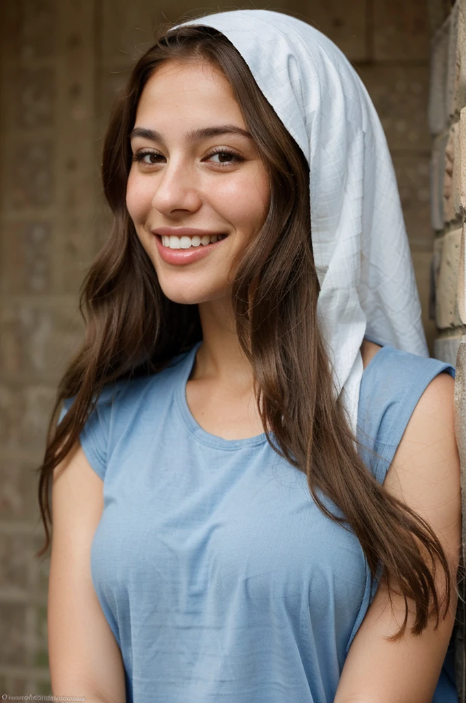 a photo-realistic portrait of a beautiful Palestinian woman with long brown hair, blue shirt, white teeth, and a cute smile, with highly detailed and realistic facial features, modest expression, and realistic white skin tone