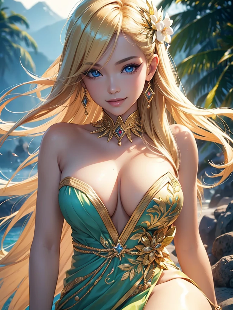 (Best quality,ultra detailed,Photorealistic:1.37),bright and rich colors,studio lighting,playful facial expression,stylish makeup,Long blonde hair fluttering in the wind,inviting eyes,glossy lips,sexy pose, Indonesia, volcanoes, I smile confidently and seductively,posing for a professional photo shoot,shallow depth of field,highlighting the main subject,soft natural light,Creating a dreamy and magical atmosphere.