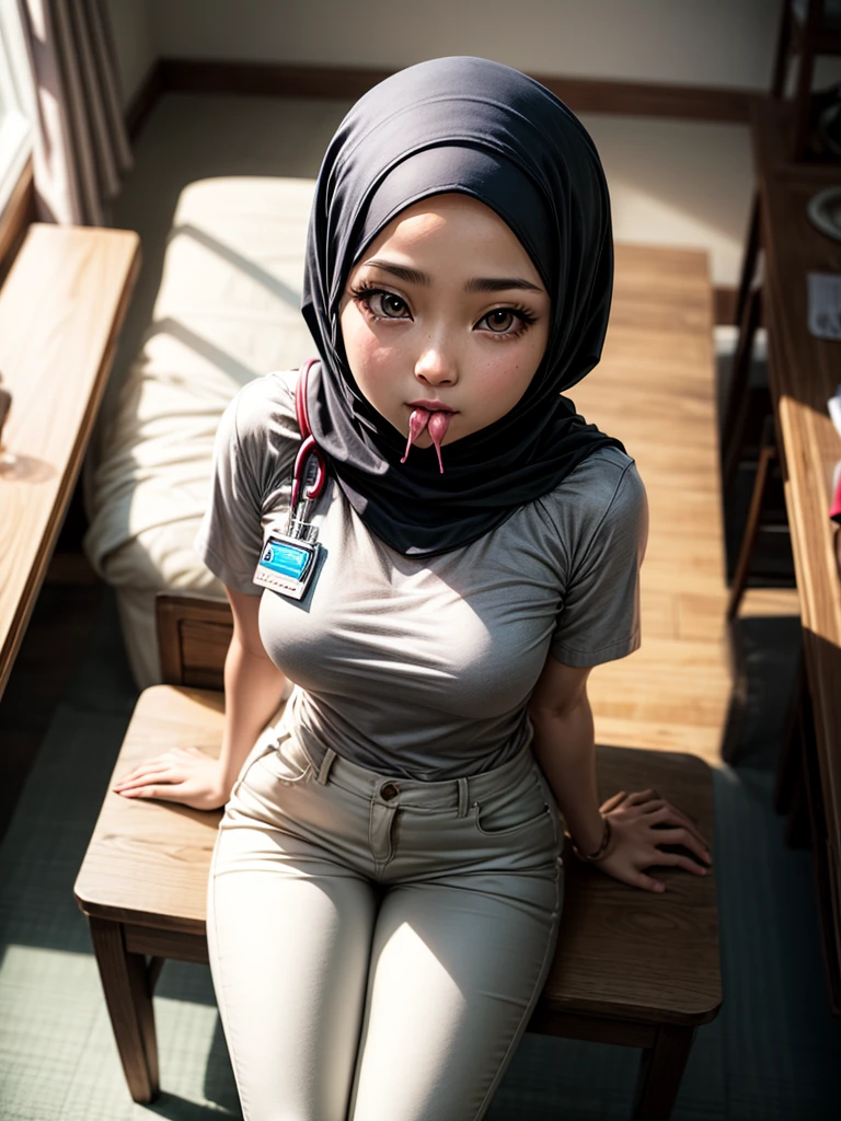 (1 girl), sitting on a chair in a hospital, ((wearing hijab)), wearing long white nurse uniform, long white pants, shot from above, wearing niqab, wearing mouth cover