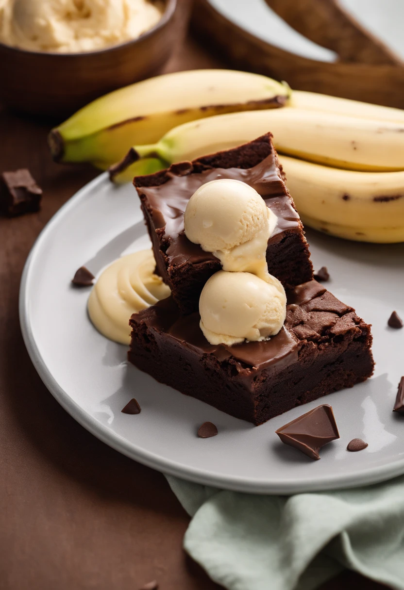 Brownie, brownie de chocolate, (plate with chocolate brownie and banana ice cream), brownie with banana ice cream, banana ice cream with brownie, foto realisitic, professional foto, photo taken by the best photographer in the world, 4 K, best qualityer, optical zoom, photo with depth of field, realisitic. Brownie with banana ice cream