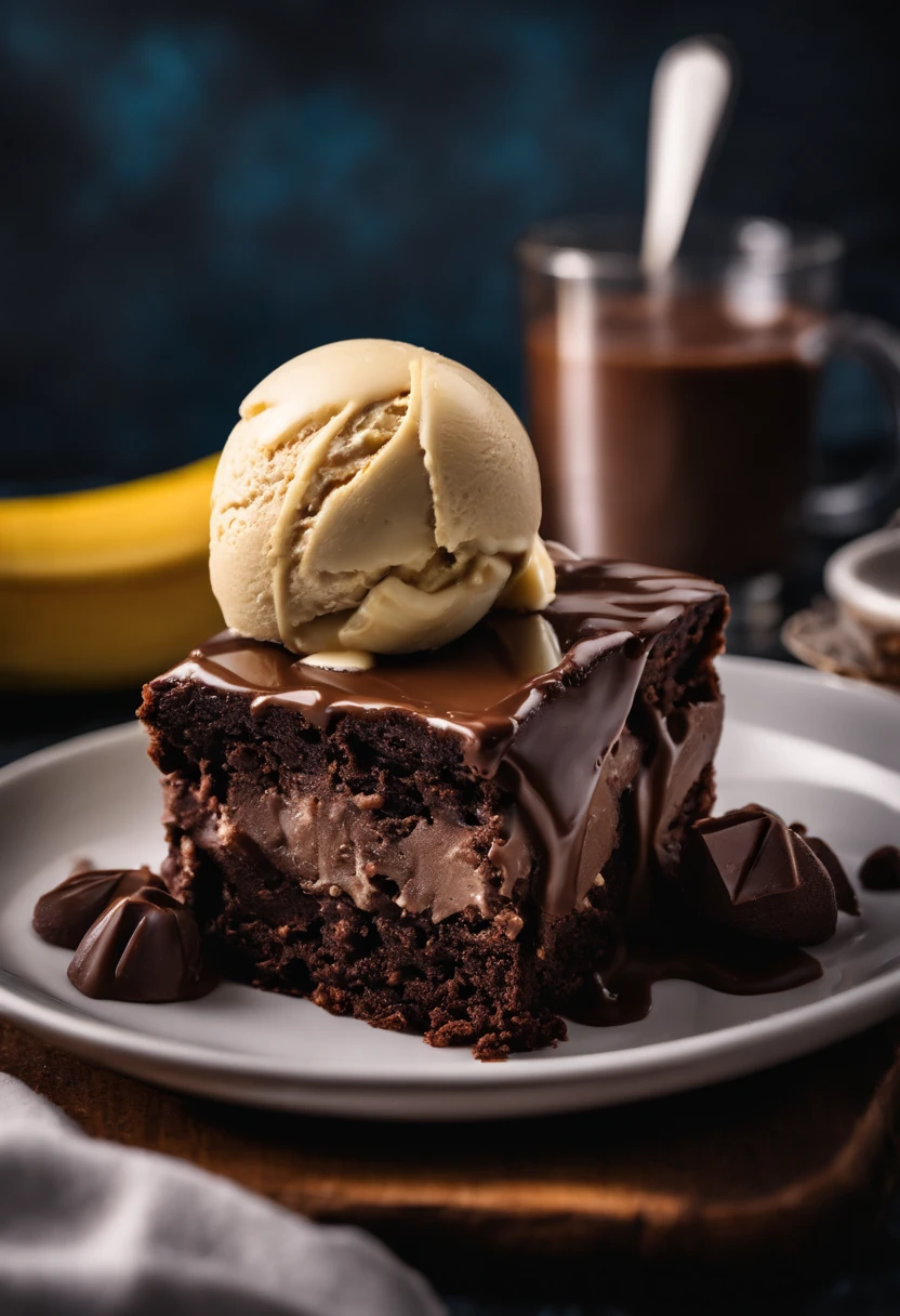 Brownie, brownie de chocolate, (plate with chocolate brownie and banana ice cream), brownie with banana ice cream, banana ice cream with brownie, foto realisitic, professional foto, photo taken by the best photographer in the world, 4 K, best qualityer, optical zoom, photo with depth of field, realisitic. Brownie with banana ice cream