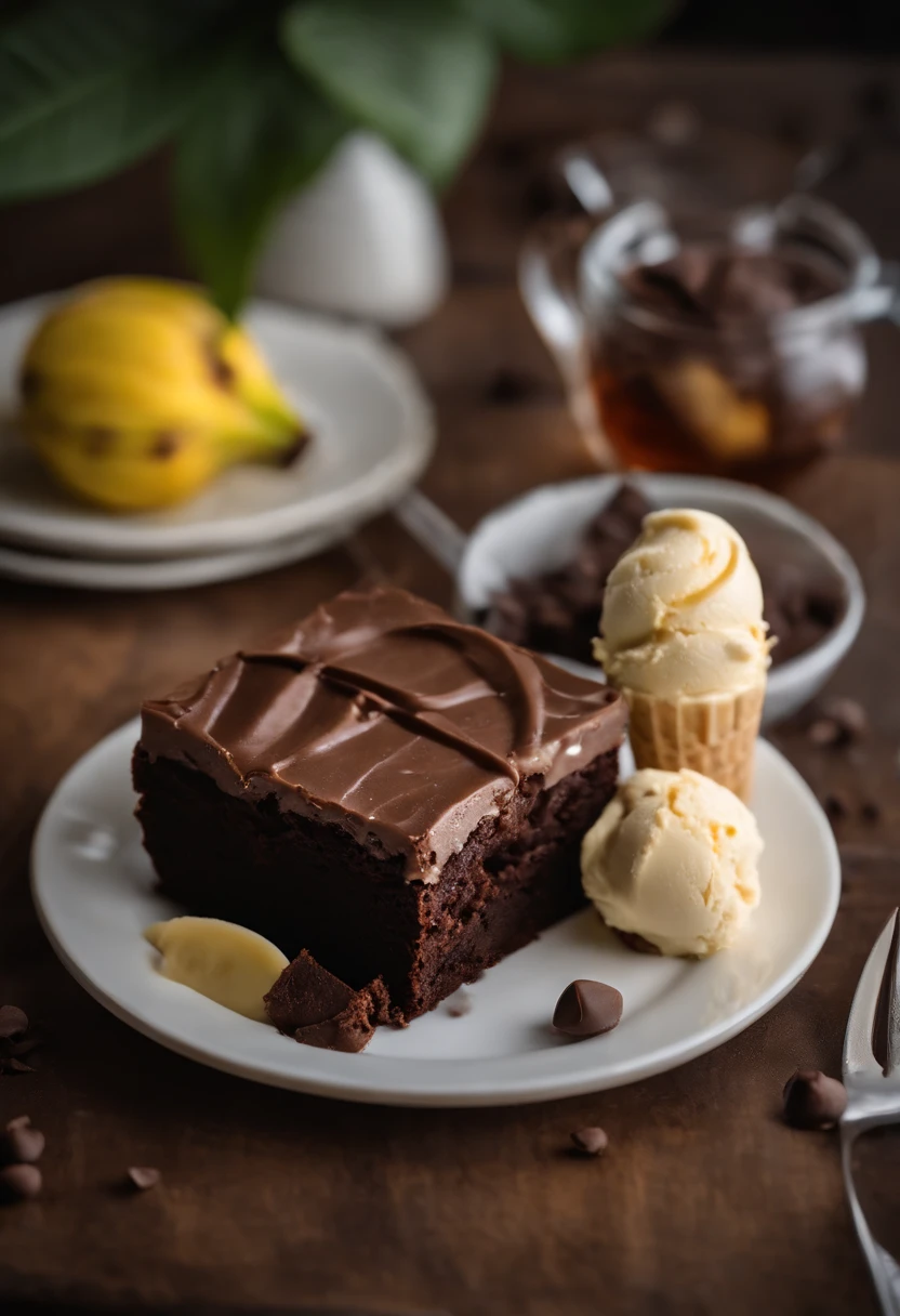 Brownie, brownie de chocolate, (plate with chocolate brownie and banana ice cream), brownie with banana ice cream, banana ice cream with brownie, foto realisitic, professional foto, photo taken by the best photographer in the world, 4 K, best qualityer, optical zoom, photo with depth of field, realisitic.  Brownie with banana ice cream 