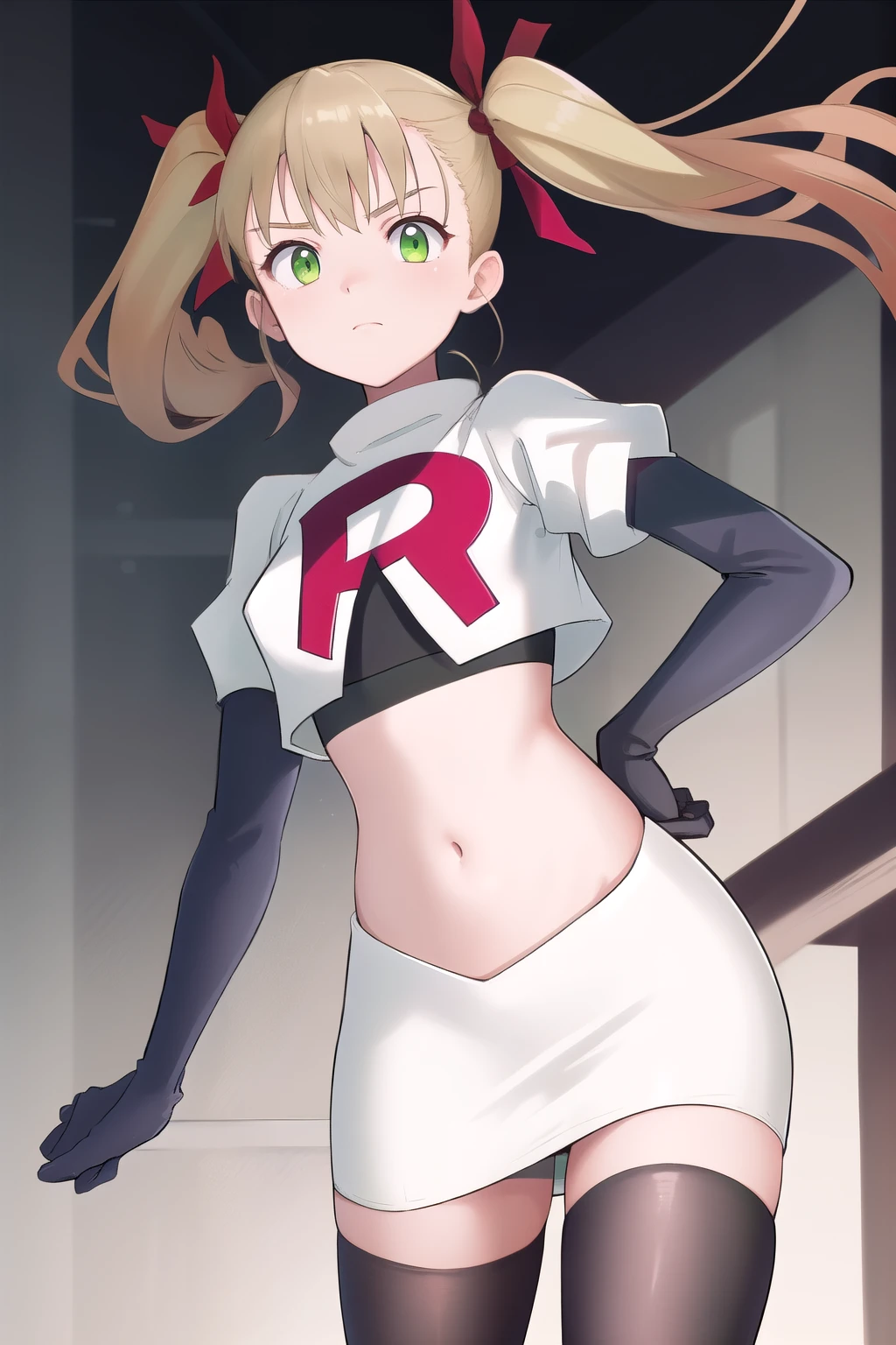 masterpiece, best quality, highres, 1girl twintails hair ribbon, green eyes, team rocket,team rocket uniform,white skirt,red letter R,crop top,black thigh-highs,black elbow gloves