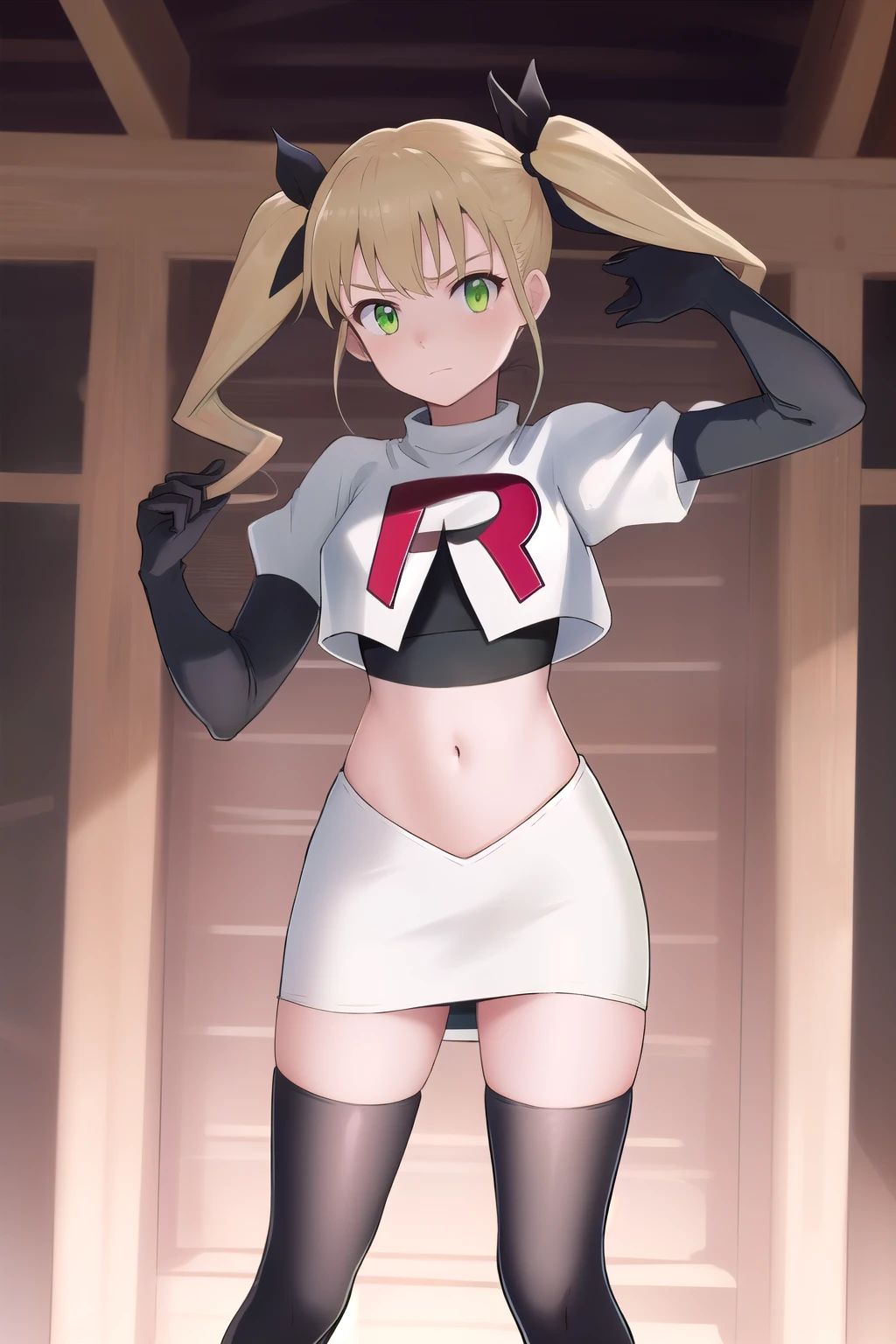 masterpiece, best quality, highres, 1girl twintails hair ribbon, green eyes, team rocket,team rocket uniform,white skirt,red letter R,crop top,black thigh-highs,black elbow gloves