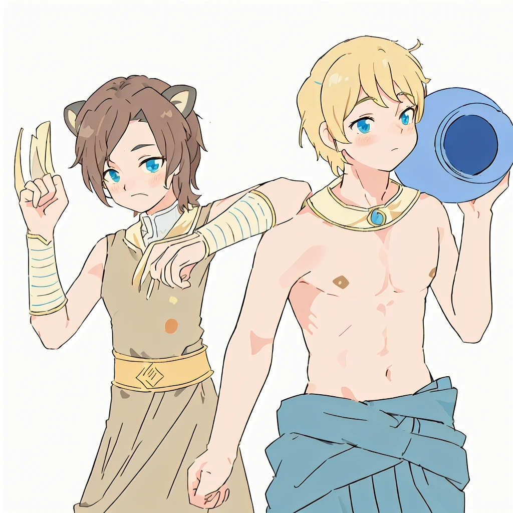 anime characters dressed in costumes holding a blue object, wearing a toga, petros and leonid, wearing toga, colored lineart, sirius a and sirius b, greek mythology characters, fauns, wearing loincloth, anime in fantasy style, coloured lineart, in the art style of 8 0 s anime, ghutra and egal, greek gods