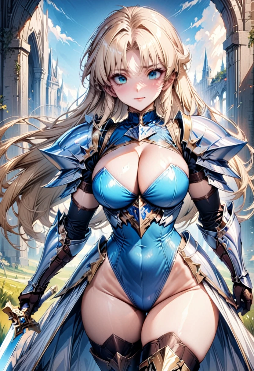 ((highest quality)), ((masterpiece)), ((hyperrealistic)), (detailed background), solo, 1girl, ((curvy: 1.2)), kawaii, gentle smile, ((Princess Knight)), langrisser, blonde braided long hair, ((azure leotard: 1.5)), (white paladin armor: 1.3), ((ArmoredDress)), ((Tight-fitting leotard bodysuit)),((Wielding sword: 1.2)), Holding a Sword, swing down the Sword, Sword at the ready, hold the handle of a Sword, ((large breasts)), ((arm guard gauntlet)), leather long gloves, ((zettai ryouiki thigh boots)), (big butt), (cleavage cutout), (Groin), (thigh), beautiful aqua eyes, droopy eyes, parted bangs, perfect face, Perfect hands, perfect fingers, Blue sky and grassland,