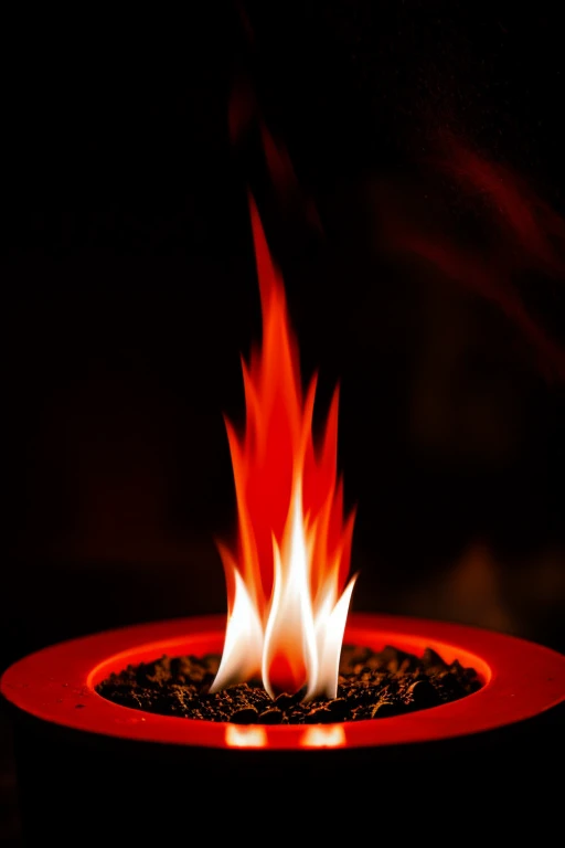 A red flame with a black background