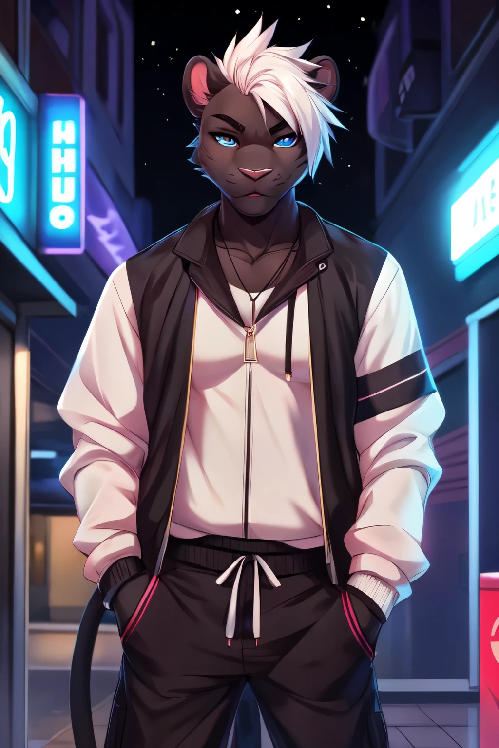 Solo, male, a cute grey anthro furry panther boy, a single panther tail always, lean, serious, white hair, faux hawk hair, blue cat eyes, black fur, by fumiko, by hyattlen, by zackary911, indoors, streetwear cloth, standing, buff, arms crossed, front view, leaning his back against a wall, standing next to a busy club entrance, nighttime, bar lights