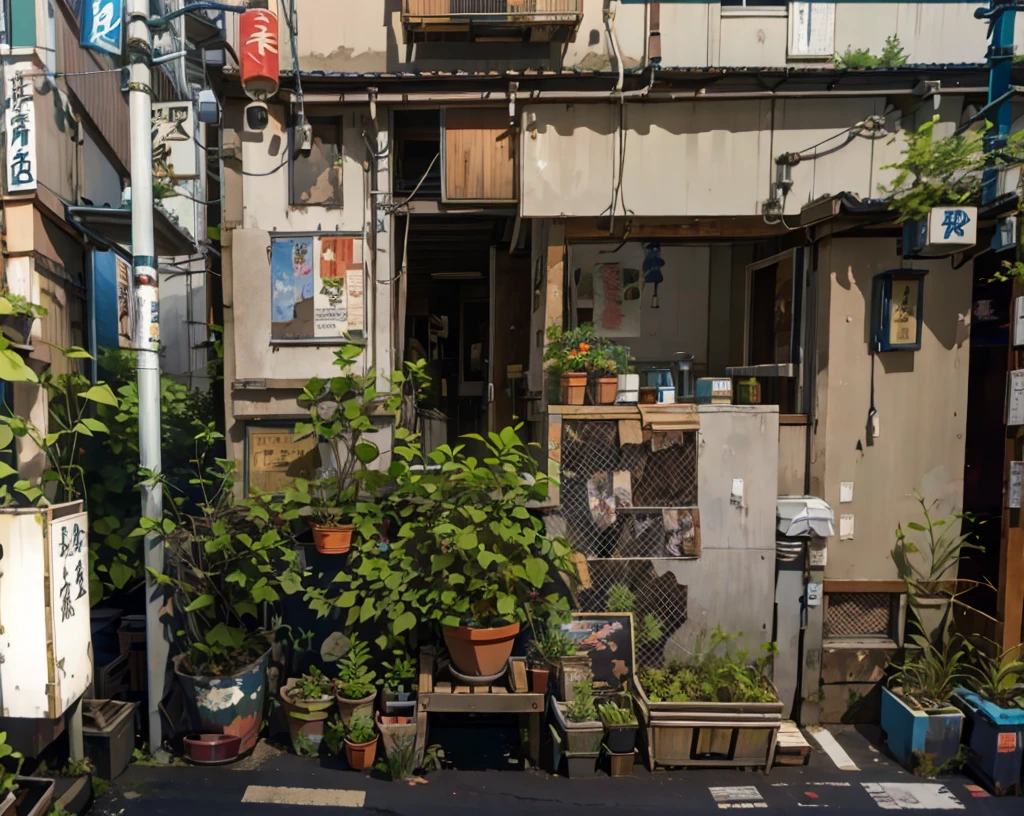 there are many plants and plants in pots on the side of a building, japanese neighborhood, japanese street, tokyo alleyway, japanese downtown, plants everywhere, deserted shinjuku junk, in the streets of tokyo, in a tokyo street, in narrow tokyo alleyway, japan travel aesthetic, plants on pots and on the walls, tokyo street
