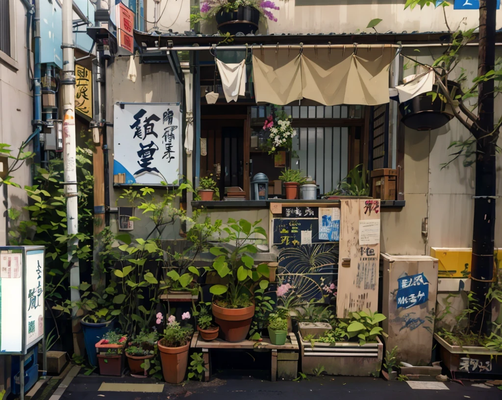 there are many plants and plants in pots on the side of a building, japanese neighborhood, japanese street, tokyo alleyway, japanese downtown, plants everywhere, deserted shinjuku junk, in the streets of tokyo, in a tokyo street, in narrow tokyo alleyway, japan travel aesthetic, plants on pots and on the walls, tokyo street