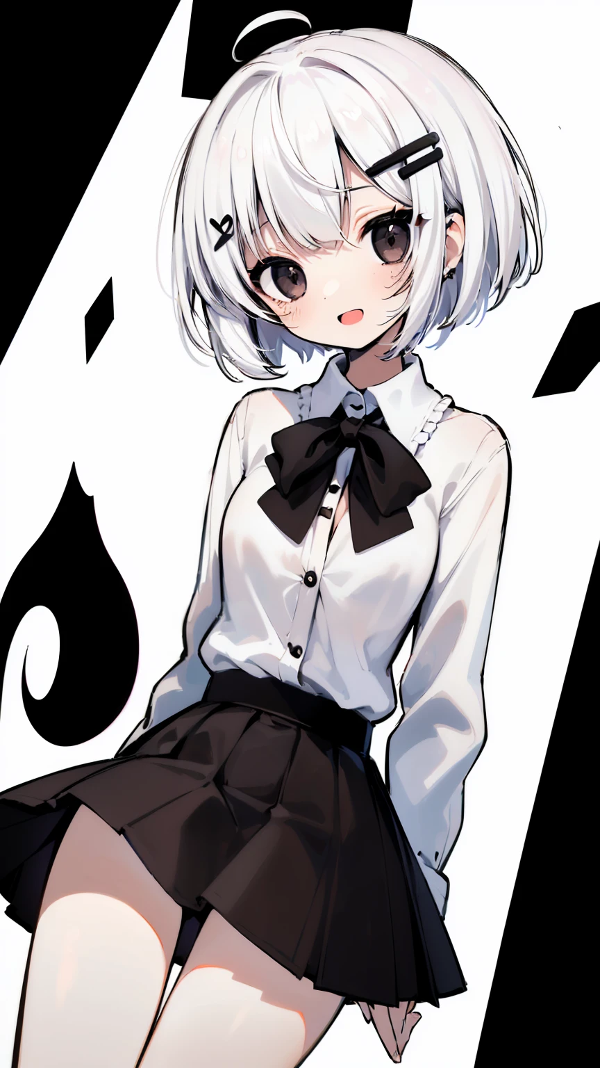 ((masterpiece, best quality)), (1girl), (solo), (female focus), (ahoge, white hair, short hair), black eyes, light smile, open mouth, ((white shirt), (buttoned shirt), (button gap)), ((black skirt), (short skirt)), standing, white background, arms behind back, dynamic angle