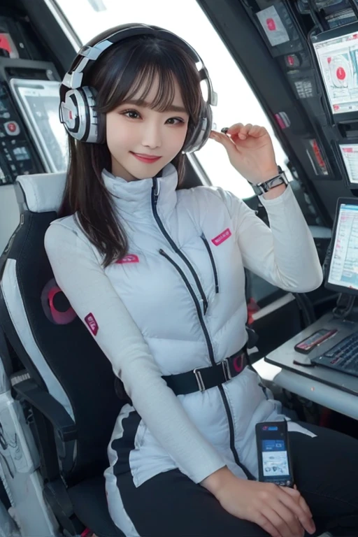 masterpiece, Highest quality, Very detailed, 8K Portrait,Japanese Android Girl,plump , Control panel,Robotic arms and legs, Blunt bangs,,break (Metallic Gray, Metallic luster, Mirror finish, Astro Best):5,headphone:5,break (Black sleeves):100,Smart Watches,Futuristic space station,Control Room,break headphone,blue eyes,(Black Hair):2,(Long Hair):1.3,Displaying the viewer,(respirator),break blush:3,Hidden Hand,smile