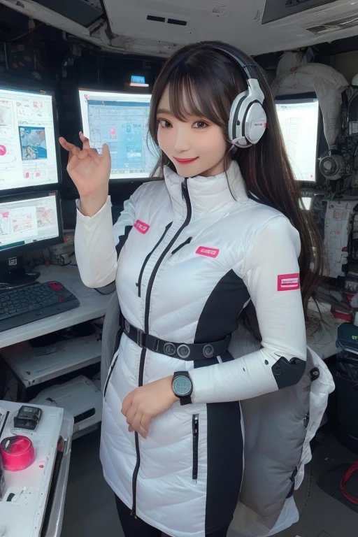 masterpiece, Highest quality, Very detailed, 8K Portrait,Japanese Android Girl,plump , Control panel,Robotic arms and legs, Blunt bangs,,break (Metallic Gray, Metallic luster, Mirror finish, Astro Best):5,headphone:5,break (Black sleeves):100,Smart Watches,Futuristic space station,Control Room,break headphone,blue eyes,(Black Hair):2,(Long Hair):1.3,Displaying the viewer,(respirator),break blush:3,Hidden Hand,smile