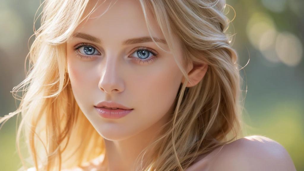 Soft portrait of a beautiful blonde woman, flowing golden hair, captivating blue eyes, delicate features, natural makeup, elegant attire, gentle expression, subtle blush, warm skin tones, ethereal lighting, soft shadows, high-resolution digital painting, realistic style, artistic interpretation, by a skilled portrait artist