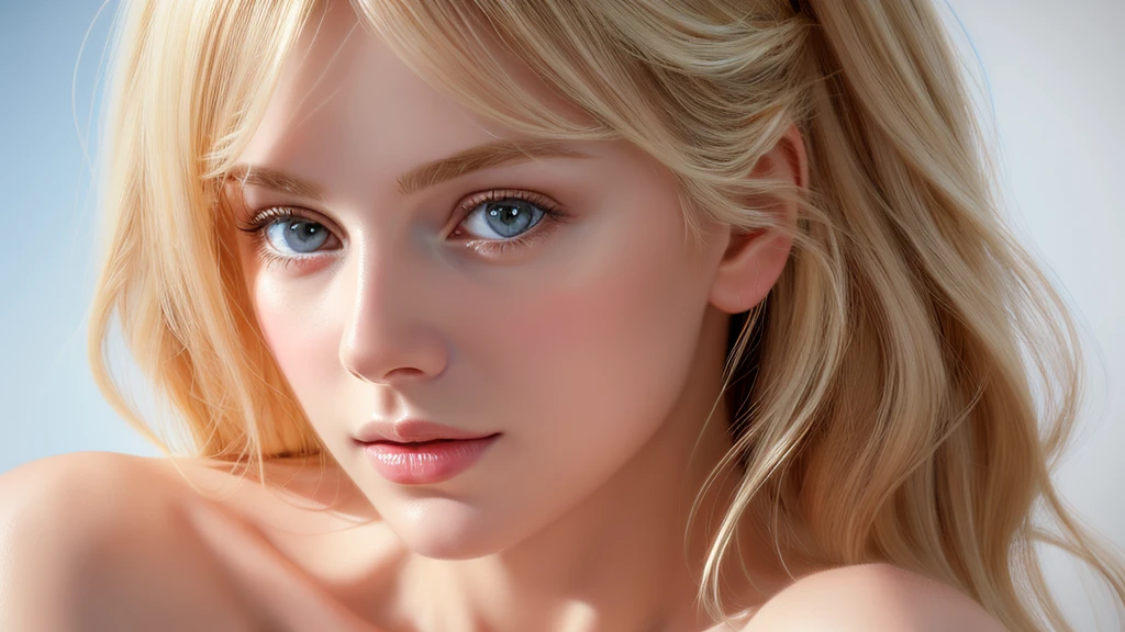 Soft portrait of a beautiful blonde woman, flowing golden hair, captivating blue eyes, delicate features, natural makeup, elegant attire, gentle expression, subtle blush, warm skin tones, ethereal lighting, soft shadows, high-resolution digital painting, realistic style, artistic interpretation, by a skilled portrait artist