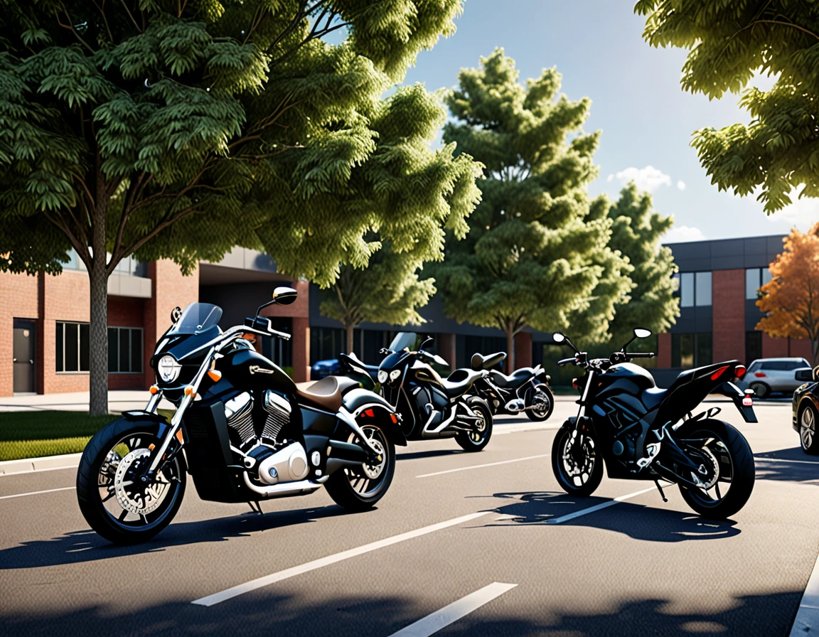 black motorcycle parke, cars parked in a parking lot with trees in the foreground,university parking, detailed rendering, a photorealistic rendering, realistic rendering, photorealistic rendering, realistic scene, photorealistic streetscape, cg rendering, rendered in lumion pro, realistic physical rendering, digital rendering, beautiful rendering, 3d rendering!, 3 d rendering!, hyper detailed scene, architectural rendering