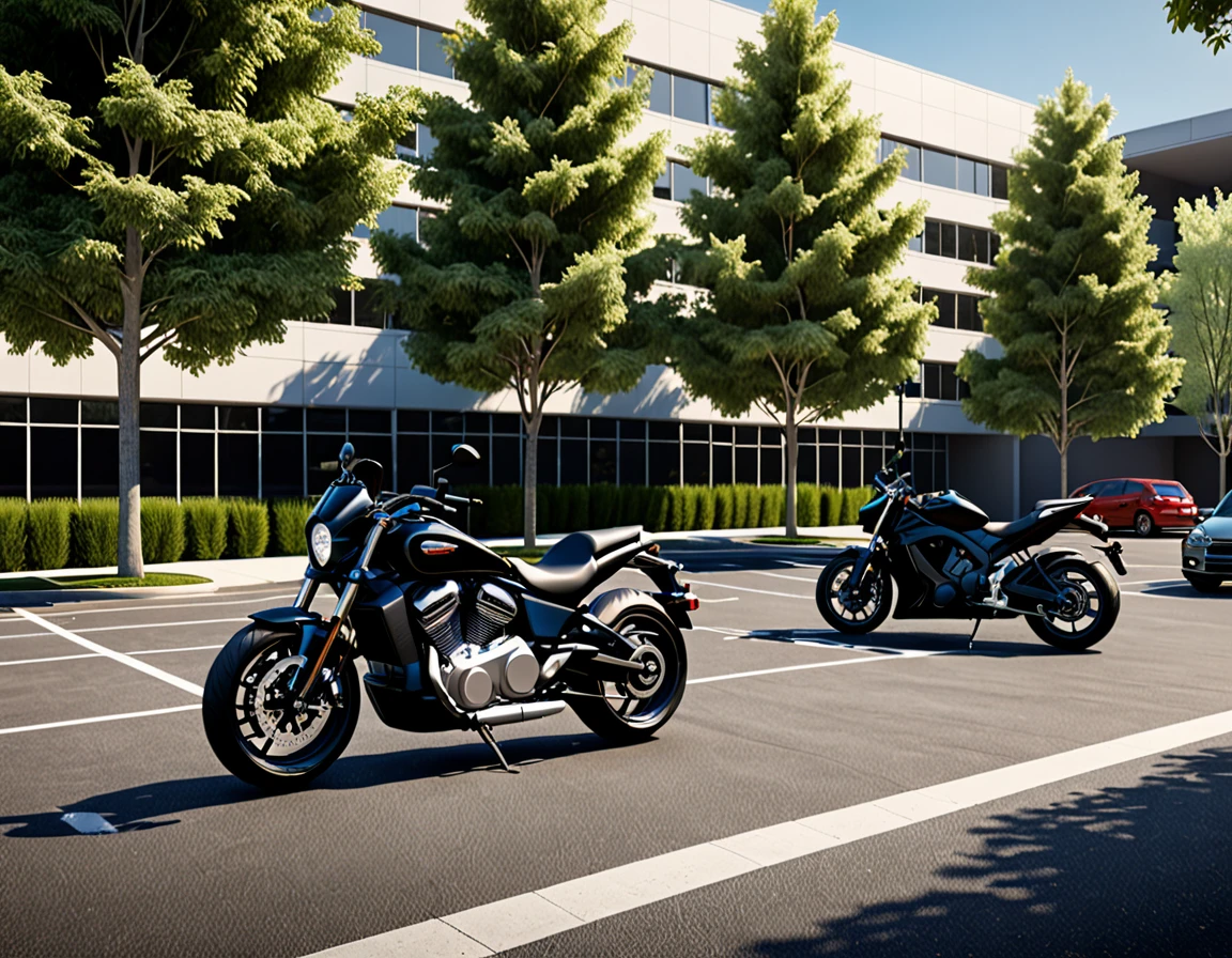 black motorcycle parke, cars parked in a parking lot with trees in the foreground,university parking, detailed rendering, a photorealistic rendering, realistic rendering, photorealistic rendering, realistic scene, photorealistic streetscape, cg rendering, rendered in lumion pro, realistic physical rendering, digital rendering, beautiful rendering, 3d rendering!, 3 d rendering!, hyper detailed scene, architectural rendering