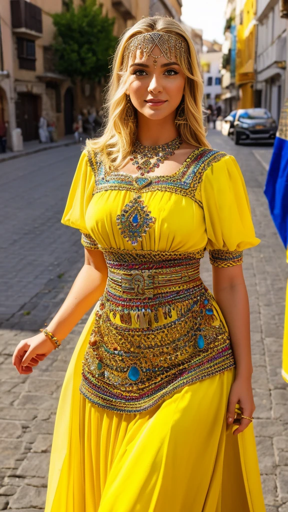 Most beautiful blonde from germany, robe kabyle, berber,amazigh, kabyle beauty, bijoux,kabyledress, attractive, hd,best, perfect body ,yellow, street background 