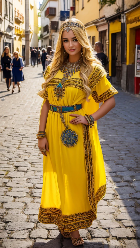 Most beautiful blonde from germany, robe kabyle, berber,amazigh, kabyle beauty, bijoux,kabyledress, attractive, hd,best, perfect body ,yellow, street background 