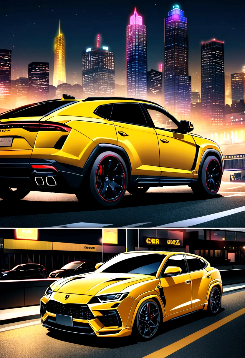 a fast moving yellow Lamborghini Urus. Add a 2020 Honda CBR motorcycle next to the car. Keep the graphic style intense and colorful with a colorful city background and city lights glowing in the background.