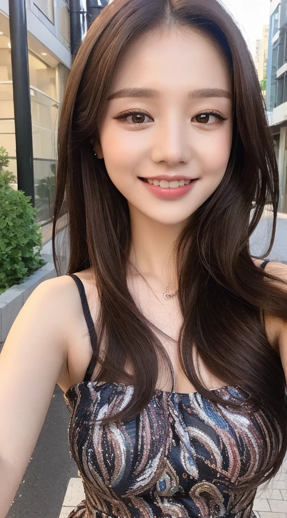 ((Best quality, 8k, Masterpiece :1.3)), 1girl, smiling, full body, slim face, Pretty woman, (Dark brown hair), full length dress :1.1, Ultra-detailed face, Detailed eyes, Double eyelid,  blur background, slim face, city, outside, street,