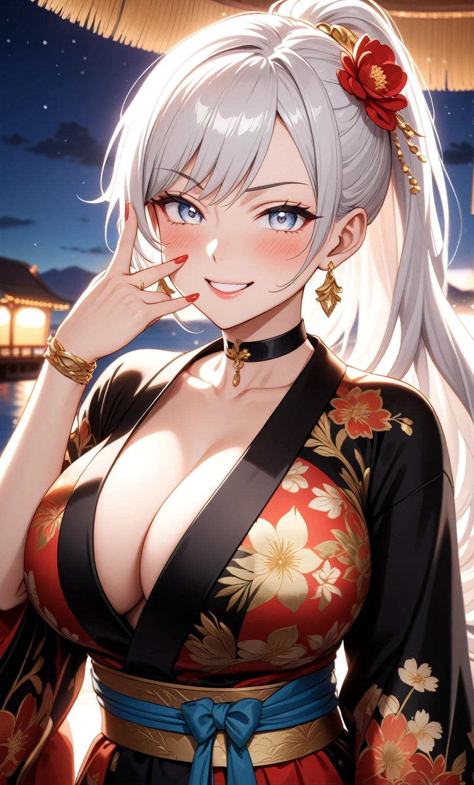 ((One personの女性)), Beautiful Face, ((smirk)), (head tilt), ((Wink:1.9)), Laugh with your mouth wide open,((Bright red cheeks:1.4)),Shiny red lips,night,coastal,You can see the ocean, firework,Laughing with your mouth open,Glossy pink lips,Facial lighting,((Anime style background)),masterpiece, Highest quality, so beautiful,up to date, Complex details, (Pink long nails), (4fingers and 1thumbs), (ring),(bracelet),(choker),AI-generated, Complex,High resolution, Highest quality, super high quality,3D Images、3D Images,One person,Long white hair,High Ponytail,(blue eyes),Anime woman posing for a photo, ((Fine grain、Silvery white colorful eyes、Shining Eyes:1.3)),(Squint your eyes:1.1),a hyperRealistic , hyperRealistic , Realistic,Anime woman with long white hair, Smooth anime CG art, A woman in a colorful kimono with gold embroidery, (Black long sleeve kimono),Red floral pattern,Long flower hair ornament,Earrings,Mature Body,(Big Breasts:1.1),Tall,Abdominal muscles,Narrow waist,(Zoom up to face:1.4),