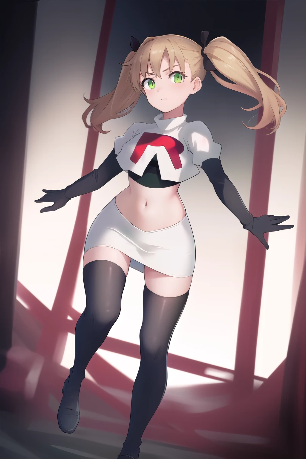 masterpiece, best quality, highres, 1girl twintails hair ribbon, green eyes, team rocket,team rocket uniform,white skirt,red letter R,crop top,black thigh-highs,black elbow gloves