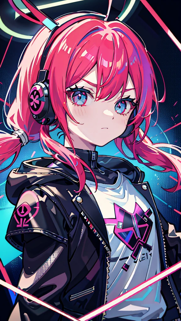 masutepiece, Best Quality, Colorful, Teenager with colorful pigtails wearing detailed leather jacket and anime t-shirt touching translucent panels, In dark voids filled with small strong light particles, Jacket from the shoulder, Front floating screen, Dramatic viewing angles, Dynamic Pose, (Close-up of face focus:1.2), Detailed headphone earrings cat with neon ears, Contrasty, Colorful hair, color combination, Bright, Red hair, Blue hair See all Depth of field, High resolution, high intricate detailed, Dramatic shadows, Global Illumination