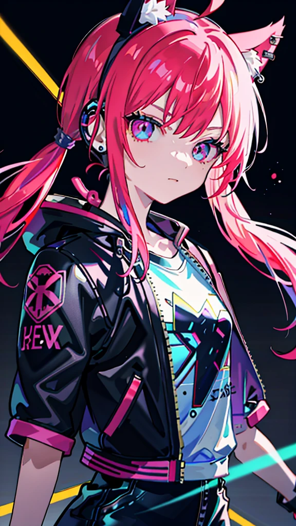 masutepiece, Best Quality, Colorful, ager with colorful pigtails wearing detailed leather jacket and anime t-shirt touching translucent panels, In dark voids filled with small strong light particles, Jacket from the shoulder, Front floating screen, Dramatic viewing angles, Dynamic Pose, (Close-up of face focus:1.2), Detailed headphone earrings cat with neon ears, Contrasty, Colorful hair, color combination, Bright, Red hair, Blue hair See all Depth of field, High resolution, high intricate detailed, Dramatic shadows, Global Illumination