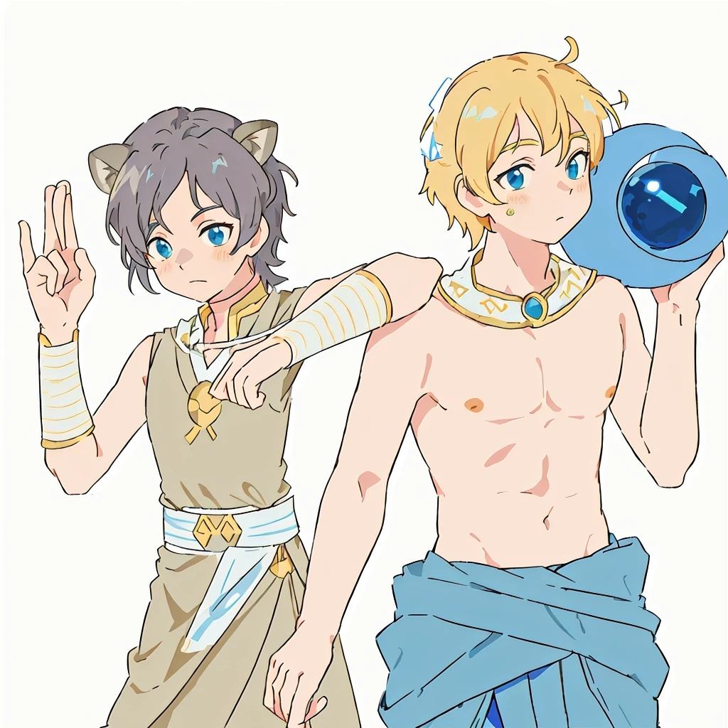 anime characters dressed in costumes holding a blue object, wearing a toga, petros and leonid, wearing toga, colored lineart, sirius a and sirius b, greek mythology characters, fauns, wearing loincloth, anime in fantasy style, coloured lineart, in the art style of 8 0 s anime, ghutra and egal, greek gods