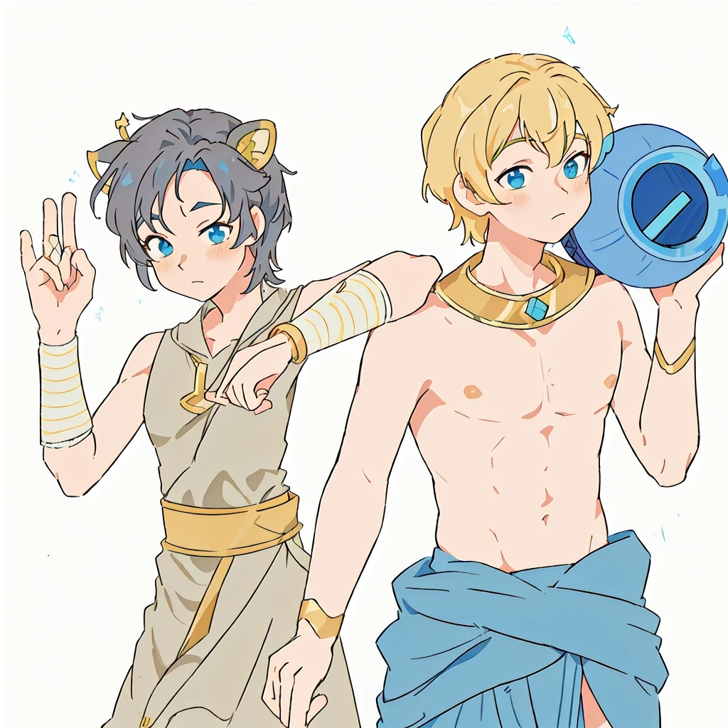 anime characters dressed in costumes holding a blue object, wearing a toga, petros and leonid, wearing toga, colored lineart, sirius a and sirius b, greek mythology characters, fauns, wearing loincloth, anime in fantasy style, coloured lineart, in the art style of 8 0 s anime, ghutra and egal, greek gods