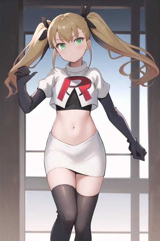 masterpiece, best quality, highres, 1girl twintails hair ribbon, green eyes, team rocket,team rocket uniform,white skirt,red letter R,crop top,black thigh-highs,black elbow gloves
