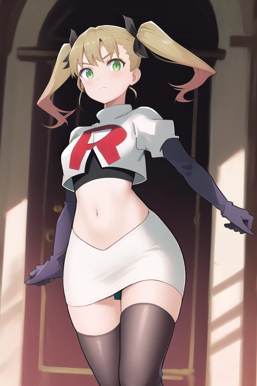 masterpiece, best quality, highres, 1girl twintails hair ribbon, green eyes, team rocket,team rocket uniform,white skirt,red letter R,crop top,black thigh-highs,black elbow gloves