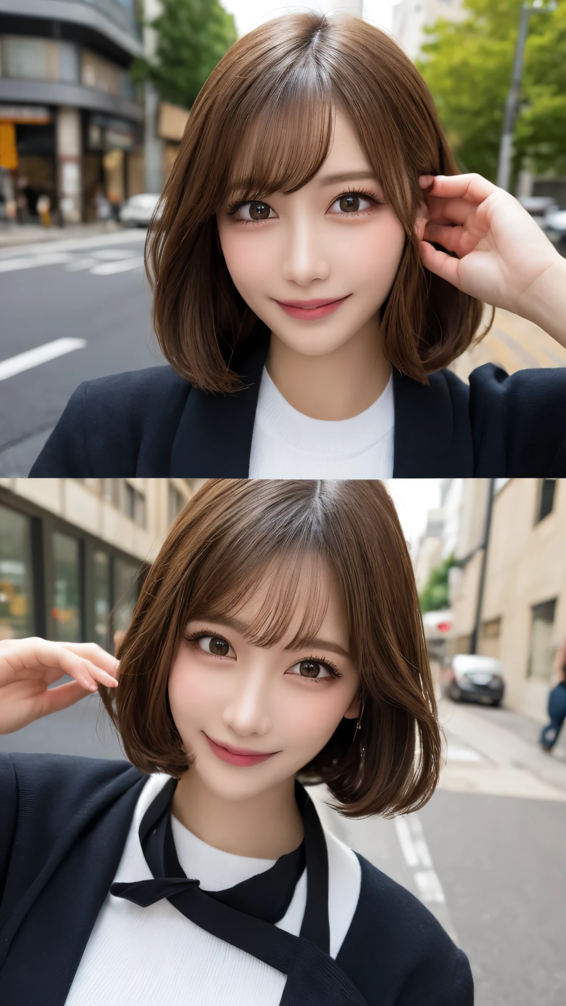 masutepiece, Best Quality, Illustration, Ultra-detailed, finely detail, hight resolution, 8K Wallpaper, Perfect dynamic composition, Beautiful detailed eyes, doress,Natural Color Lip, Random and sexy poses,Smile,Aoyama Street Walk