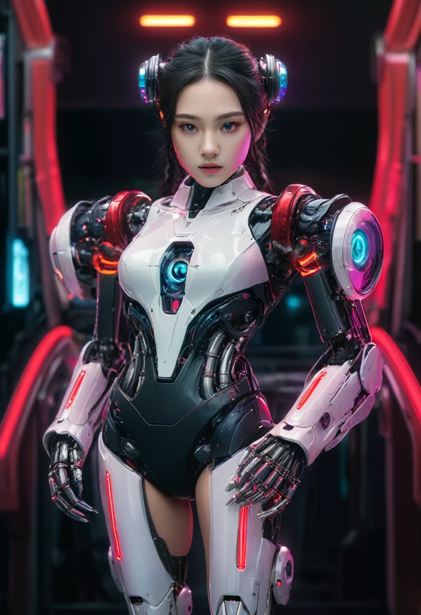 xxmixgirl. Highly detailed professional 35mm film, bokeh, face in sharp focus. A robotic female, Miku, with ((metal skin)), ((perfect Asian eyes)) with magenta irises and ((black pupils)), beautiful serious (detailed face), 18 year old ((photorealistic face)), very long magenta twin tails of magenta hair, twin black hair ties with a single red stripe. She may have a black audio headpiece. We can see her ((full body)) down to her boot soles. Her outfit is a sleeveless collared light grey shirt, outlined in red around the frilled collar and hems. Shiny reflective ((metallic breast cups, dimpleless)), invisible nipples. She wears black sleeves with red hems that start around her upper arm and bellow out as the sleeves open and extend to her wrists, with wide trumpet red rimmed cuffs. She has perfect robotic (detailed hands). She wears a red colored tie with two horizontal solid parallel black lines halfway across. She wears a fabric black skirt with a horizontal red hem at the bottom all the way around; her (((black skirt wraps around her))) and ((her skirt completely covers)) her robotic waist and thighs. Tall black boots with red bottom soles, a red rim around the top at her thighs. Her mechanical shoulder joints are visible. We can see her robotic legs and robotic neck. Half of her is covered with shiny polished machinery. The background is a distant dark neon futuristic Japanese city, gold, cyan, violet neon, near harbor or mountains.