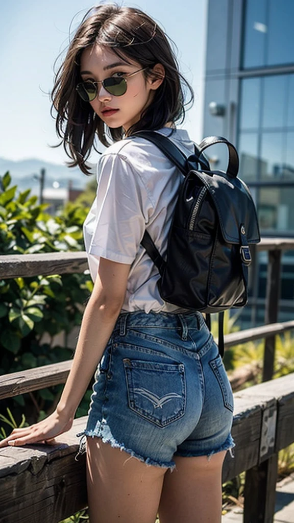 One wears black short sleeves,Black denim super shorts,Carrying a backpack,Close-up shot of blue-haired age girl in sunglasses climbing over railing,Back to the audience,Beautiful buttocks