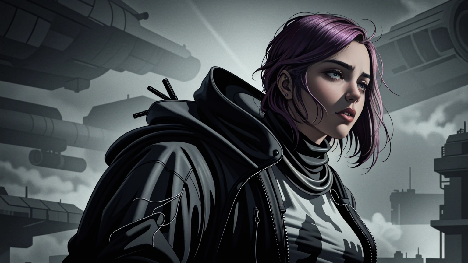 portrait 1 young woman ,science fiction, complex background punk, mad max , futuristic, post-apocalyptic, dark, dim light, ((masterpiece, best quality, )),