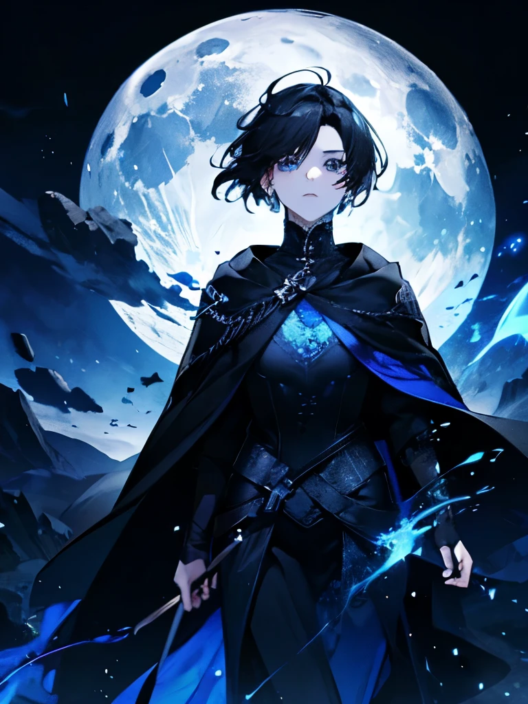 Moon Amazon, adult woman, black cloak, short black hair, masculine cut, blue eyes, moon effects