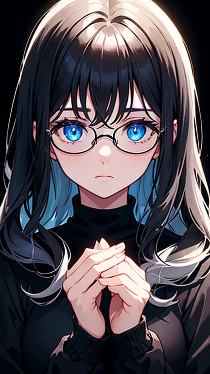 A age girl in a dark room with windblown wavy black hair staring forward with blue eyes and simple round silver glasses, wearing a black cropped turtleneck. She has her hands cupped out in front of her and there's a blue glow around her, black background behind her and a little extra empty black space at the top