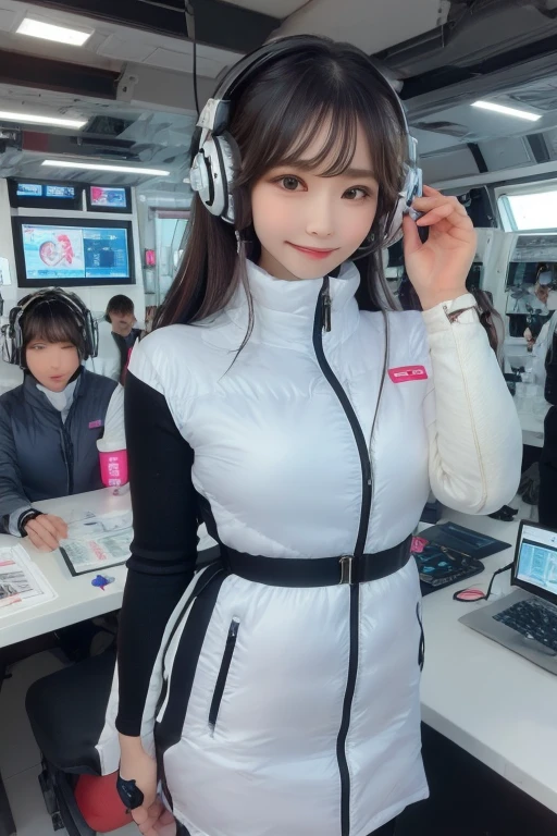 masterpiece, Highest quality, Very detailed, 8K Portrait,Japanese Android Girl,plump , Control panel,Robotic arms and legs, Blunt bangs,,break (Metallic Gray, Metallic luster, Mirror finish, Astro Best):5,headphone:5,break (Black sleeves):100,Smart Watches,Futuristic space station,Control Room,break headphone,blue eyes,(Black Hair):2,(Long Hair):1.3,Displaying the viewer,(respirator),break blush:3,Hidden Hand,smile