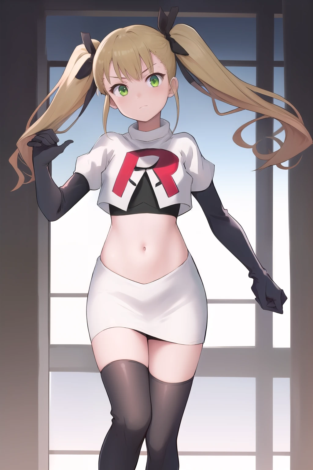 masterpiece, best quality, highres, 1girl twintails hair ribbon, green eyes, team rocket,team rocket uniform,white skirt,red letter R,crop top,black thigh-highs,black elbow gloves