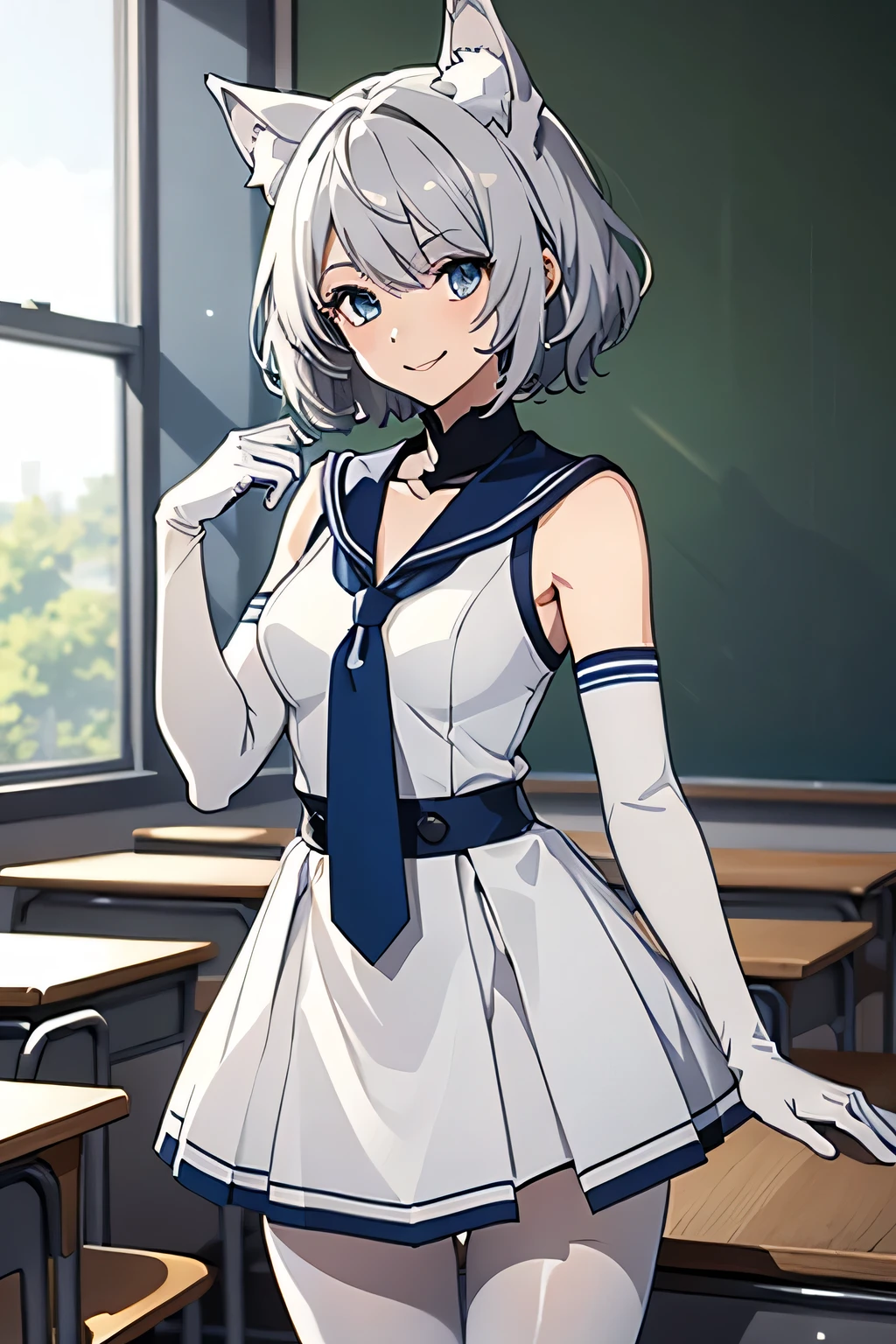 Tabletop　 Best image quality　wonderful　Attention to detail　One Young Woman（（Adult））Anime Style　White Sailor Suit（Sleeveless）　Navy Blue Skirt（Knee-length）　snow-white gloves（Elbow Gloves）　White pantyhose（Plain）　Wolf Ears　short hair（（Shortcuts）（Gray Hair）（Curly Hair）（fluffy））　smile（Happy）　Eye color is blue　background（classroom）　Are standing